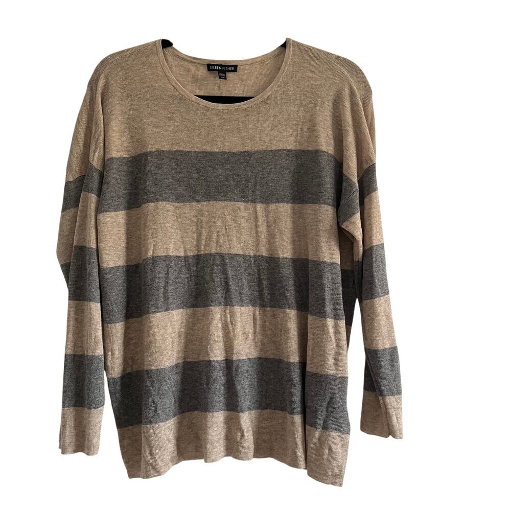 Eileen Fisher Striped Merino Lyocell Rugby Sweater L Gray Beige Relaxed
